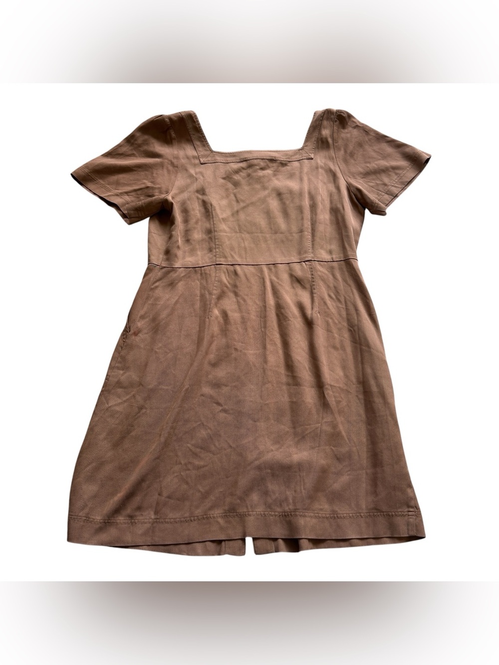 LOFT Brown Lyocell Square Neck Button Front Puff Sleeve Utility Mini Dress 8 NWT - Picture 10 of 12